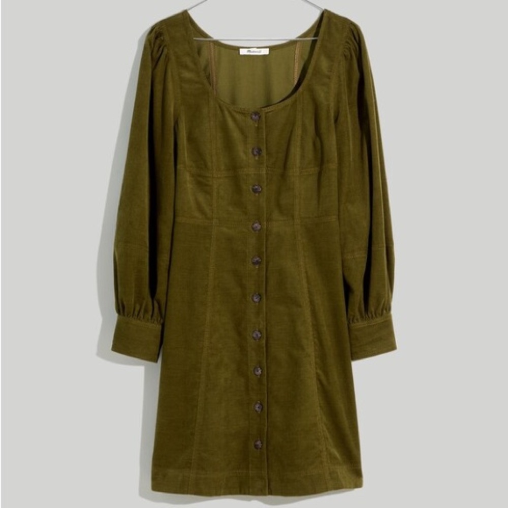 Madewell Corduroy Seamed Long-Sleeve Mini Dress Kale 10